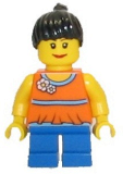 LEGO twn142 Orange Halter Top with Medium Blue Trim and Flowers Pattern, Blue Short Legs, Black Ponytail Hair
